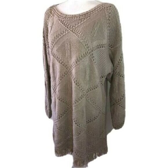 Yarnworks Dresses & Skirts - Yarnworks Handknit Dress Womens Size XL Tan Cotton Ramie Fringe Vintage Bohemian